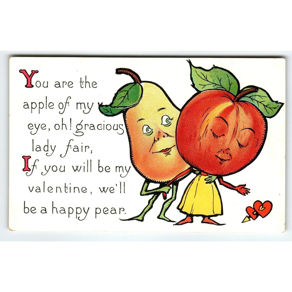 Valentines Day Postcard Tuck Anthropomorphic Pear Apple Fruit Heads Fantasy